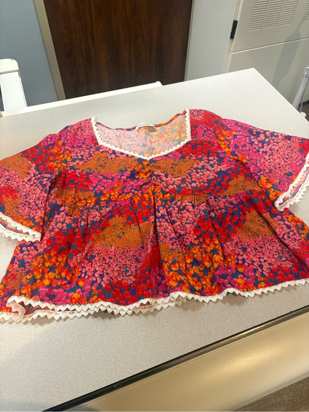 Girls' Pink & Red Floral Peplum Top with Lace Trim